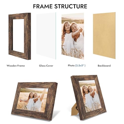 Hongkee 3.5x5 Picture Frame, Real Glass Wood Frame(Rustic Brown, 1 Pack) - color: Rustic Brown, size: 3.5X5 in
