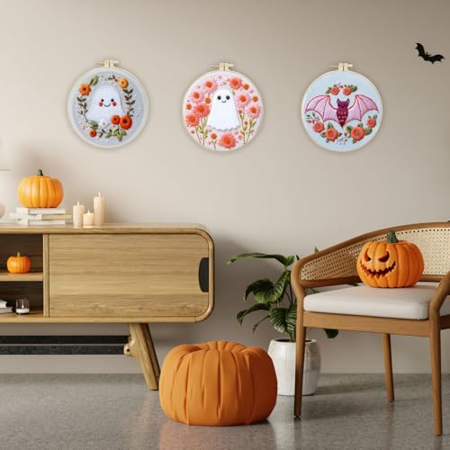 LB Pink Halloween Embroidery Kit for Beginners Adults, 3 Sets Hand Embroidery Starter Kit with Ghost Pattern and Instructions Stamped Cross Stitch Kits Include Embroidery Hoop Needles Threads Scissors - color: Pink White