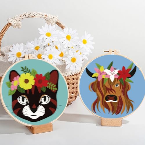 ORIGACH 4 Pack Animals Embroidery Kits for Beginners, DIY Starter Hand Embroidery Kit with Cat Lion Deer Cow Patterns and Instructions for Adults Women Crafting - color: Animals