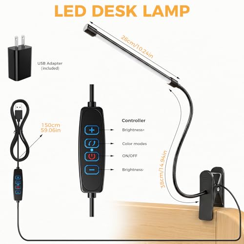 Clip on Reading Light for Books in Bed: Adjustable Dimmable Gooseneck Eye Caring LED Small Desk Table Lamps with Clamp: 3 Modes Lighting Night Lamp for Bed Headboard - Bedside（with Power Adapter）