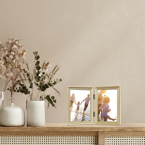 Lawrence Frames Bead Border Design, 3.5x5 Double, Satin Gold - color: Satin Gold, size: 3.5x5 Double