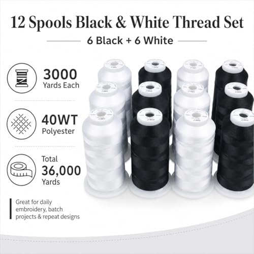 Simthread 12 Spools 3000 Yards 40WT Polyester Embroidery Thread Black White