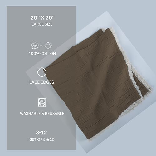 FINGERCRAFT Lace Cloth Napkin, Cotton Gauze, Set of 12, 20x20 in,Warm Taupe - color: Taupe Gauze, size: 20" x 20" (Set of 12)