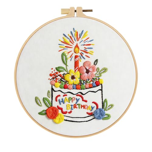 spicssa Embroidery Kit for Beginners, Hand Needlepoint Kits for Adults with Pre-Stamped Patterns, 7.8-Inch Hoop, Threads & Needles, Step by Step Instructions - color: Cake C