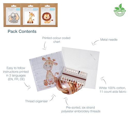 Trimits 3PK Cross Stitch Bundle – Counted Embroidery Kit, Beginner & All Level Starter Set, Complete with Instructions & Thread Children Wall Home DIY Décor – 13x13cm – Giraffe, Elephant, Lion - style: Giraffe, Elephant, Lion