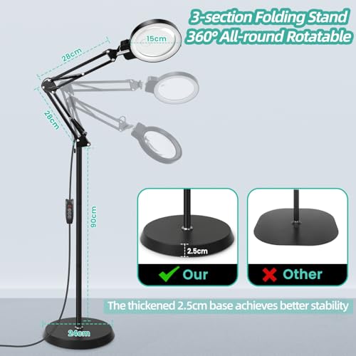 10X/30X Magnifying Glass with Light and Stand, 2-in-1 Magnifying Floor Lamp with 72 Adjustable Brightness LED Lamp Bulbs, Flexible Standing Magnifying Lamp - color: Black - Foldable Arm