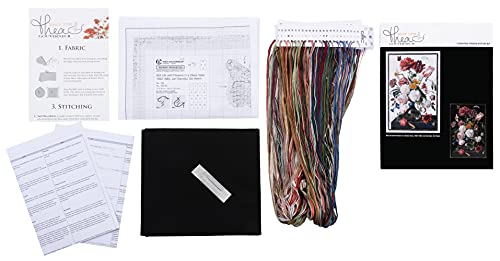 Thea Gouverneur - Counted Cross Stitch Kit - Still Life with Flowers in a Glass Vase - Aida Black - 18 Count - for Adults - DMC Embroidery Threads and Other Cross Stitch Supplies Included - 785.05 - color: 785.05 Aida Black