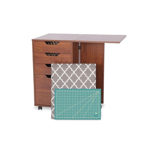 Kangaroo Kiwi Sewing Storage Rolling Caddy and Ironing Station – Mobile Craft Storage Cabinet with Ironing Surface & Shelves - color: Teak