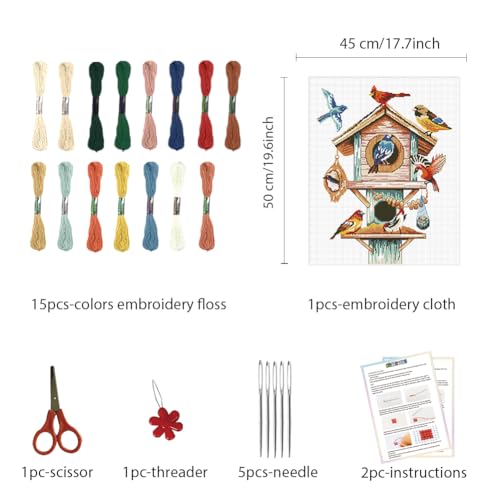 FREEBLOSS Flamingo Cross Stitch Kit Stamped Cross Stitch Wall Hanging Kit for Adults with Instructions Birdhouse and Birds Pure Cotton Cloth Embroidery Kits for Beginnrs No Frame 16 * 20"