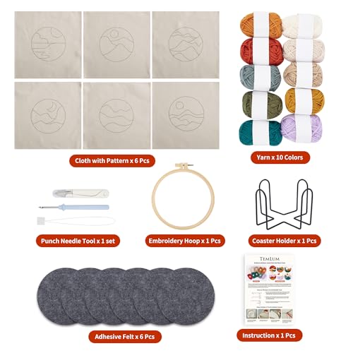 Temlum 6pcs Punch Needle Coasters Kit for Adults and Beginners(Landscape) - color: Landscape