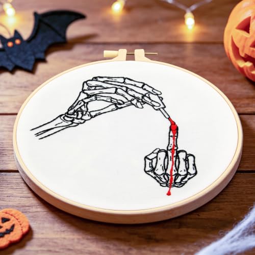 Gothic Embroidery Starter Kits for Adults Beginners, Halloween Embroidery Kits, Hand Bone Cross Stitch Kits Needlepoint Kits for Beginners Adults Woman Halloween Gifts, Embroidery Hoop, Video Tutorial - color: H2095