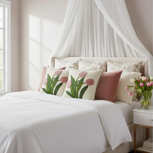 Embroidered Throw Pillow Covers 16x16 Pack of 2 Pink Tulip - color: Pink Tulip, size: 16" x 16" (Pack of 2)