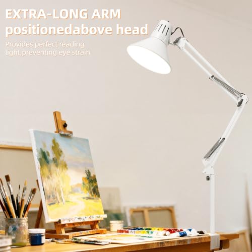 White Desk Lamp with Clamp, Extra-Tall Adjustable Metal Swing Arm, 3000K - color: White, size: 3000K Warm Light-Extra Long Swing Arm