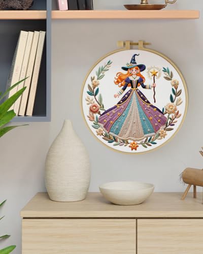 ERKOON Embroidery Kit for Beginners Adult, Cross Stitch Set Include Embroidery Cloth Hoops Threads for Craft Lover Hand Stitch with Embroidery Skill Techniques (White Witch) - color: White Witch