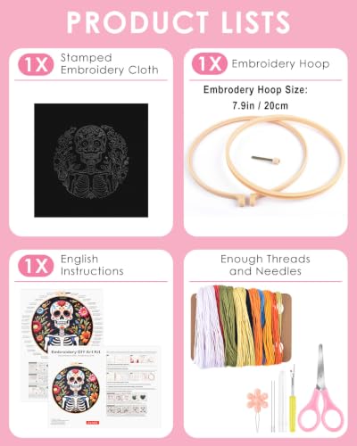 TINDTOP Embroidery Kit for Adult Beginners, Embroidery DIY Starter Kit, with Stamped Patterns, Hoop, Tools, Colorful Threads with Needles, Instructions (Skeleton C) - color: Skeleton C