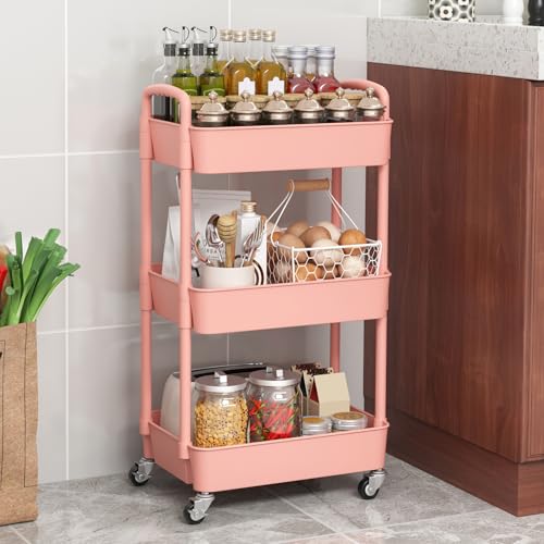 Sywhitta 3-Tier Plastic Rolling Utility Cart with Wheels for Storage, Pink - color: Pink, size: 3-tier