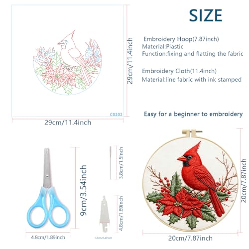 Zhenqing Cardinal Embroidery Kit for Beginners, Red Bird & Holly Needlework Craft with Pre-Printed Cotton Fabric, Hoop, Threads & Tools, Winter Holiday Decor (C0202) - color: Cardinal