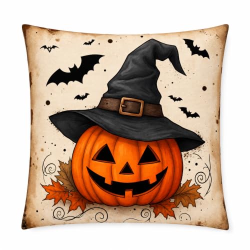 Halloween Witch Hat Pumpkin Bat Linen Pillow Cover 18x18 for Sofa - color: Pa10062, size: 18" x 18" (Pack of 1)
