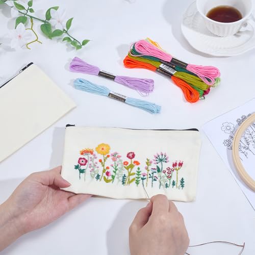 WEBEEDY 3 Sets Embroidery Pouch Making Kit DIY Floral Pouch Cosmetic Bag Embroidery Kit Include Stamped Flower Pattern, Hoop, Threads, Needles for Beginners Christmas Mother's Day Stitchwork Gift