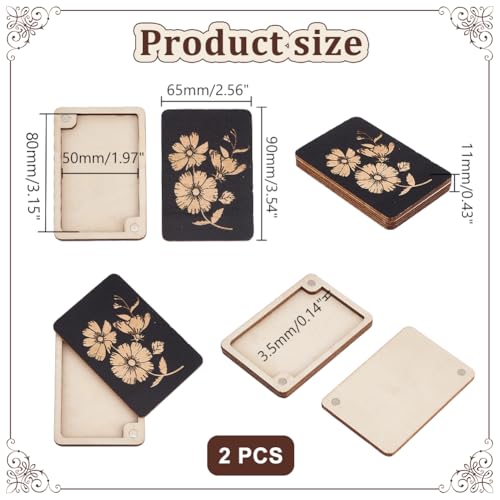 AHANDMAKER 2 pcs Wooden Needle Box Sewing Needle Storage Box Sewing Pins Organizer with Flower Print for Quilters, Sewers, Tailors, Black,3.15x1.97x0.14 Inch