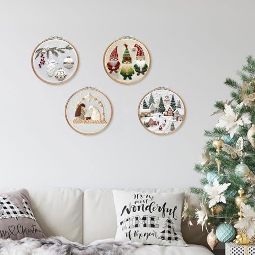 LB Christmas Embroidery Kit for Beginners: 4-Piece Cross Stitch Set with Green Plant, White Snowflake & Gnomes | Adults DIY Starter Kit Includes Hoop, Threads and Tools - color: White and Green