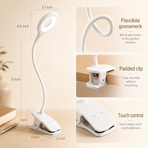 LACOKI Clip on Rechargeable Reading Light for Bed, 3 Color x 3 Brightness 28 LEDs Desk Light, Eye-Caring Desk Lamp with Clamp for Headboard, Table, Desk