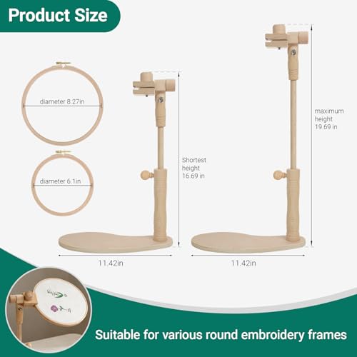 Airo Beech Adjustable Embroidery Hoop Stand,Cross Stitch Stand,Embroidery Hoop Holder,Wood Embroidery Stand with 2pcs Embroidery Hoops (6inch + 8inch), Rotatable, Tool-Free Installation
