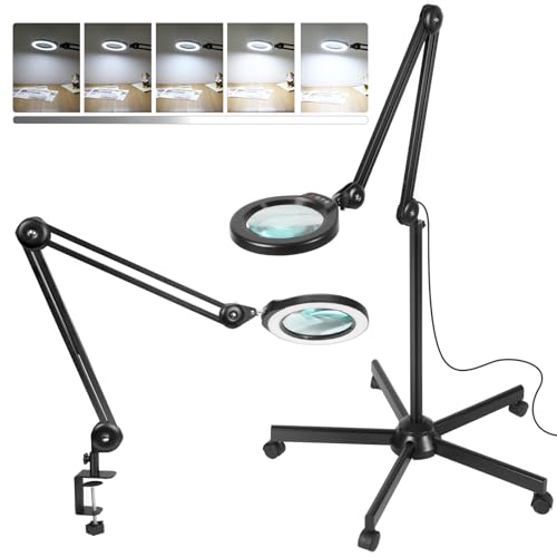 15X Magnifying Glass with Light and Stand, Super Bright 2,200 Lumens LED Magnifying Floor lamp with 5 Wheels Rolling Base, 5 Color Modes Stepless Dimming Lighted Magnifier for Esthetician - Black - color: Black