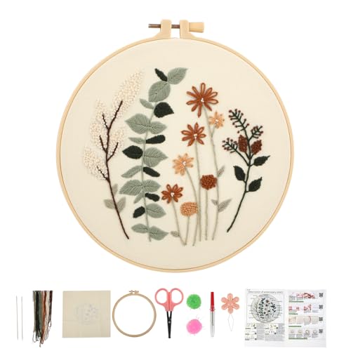 Beginner Flower Embroidery Kit for Adults, Pre-Printed with Video Tutorial - color: flower