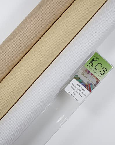 KCS 3 pc of 15" x 18" Counted Cross Stitch Cotton Aida Cloth Needlework Rolled Fabric Box,14CT,White+Light Straw+Khaki - color: White+light Straw+khaki, size: 14CT