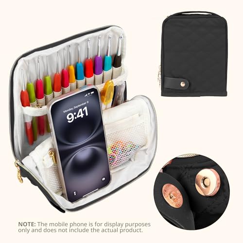 BAGCRAZY Stand-Up Crochet Hook Case Organizer, Travel Craft Holder with Phone Pocket, Quilted Bag with 9 Hooks, Needles & Scissors, Gift for Crochet Lovers – Black - color: Black