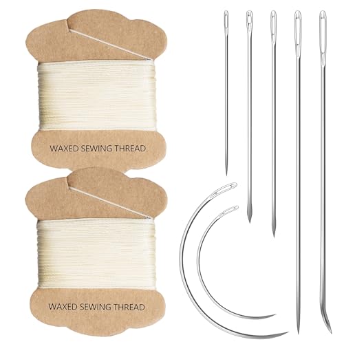 Upholstery Repair Kit: Extra Strong Waxed Sewing Thread 2 Rolls (Beige Color) &Heavy Duty Household Hand Needles (7 PCS) for Leather, Canvas, Bookbinding & Quilting Thread - color: Beige Color