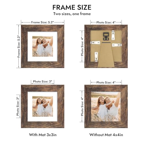 Hongkee 4x4 Picture Frame with Real Glass Wood Frame, 1 Pack (with Mat 3x3) - color: Rustic Brown, size: 4X4 in