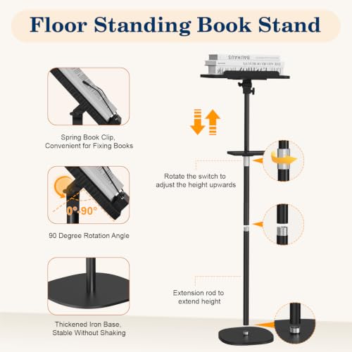 Snughome Floor Book Stand with Tray, Height Adjustment 21"-51", Black - color: Black