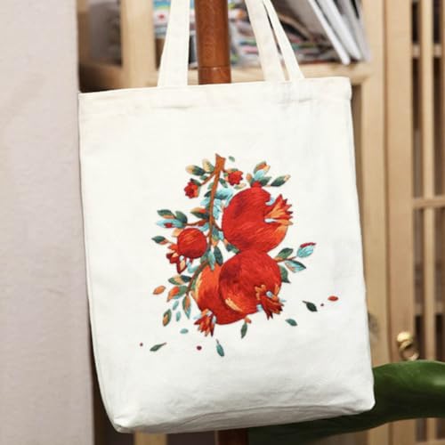YANGSHINE Canvas Tote Bag Embroidery Kit with Pattern, Cross Stitch Kits for Beginners, Adults Arts Crafts Needlepoint Kit Include Embroidery Bag, Hoop and Instruction (Beige Bag, Red Pomegranate) - color: Beige Bag, Red Pomegranate