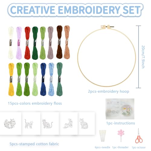 FREEBLOSS 5 Sets Embroidery Kit for Beginners Needlepoint Flower Cat Stamped Embroidery Starter Kit with Instructions, Needles, Threads, 2 Hoops 11.6"/29.5CM