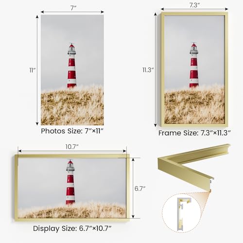 7x11 Aluminum Metal Picture Frame,Tempered Glass Gold Photo Frame 7x11 for Family Photo,Posters,Art,Document to Wall Mount Horizontally or Vertically - size: 7x11