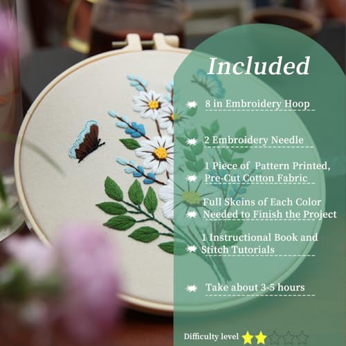 FONNUY Embroidery Kit for Beginners，Plants Flowers Pre-Stamped Pattern Kits for Adults with Hoop, Easy to Follow Needlework (Butterfly Flower) - color: Butterfly Flower