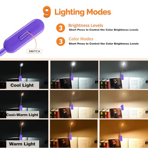 VAVOFO Rechargeable Book Light for Reading in Bed Kids, 7 LED Reading Light with 9-Level Warm Cool White Daylight, Eye Care Lamp with Power Indicator for Bookworms (Dark Purple) - color: Dark Purple