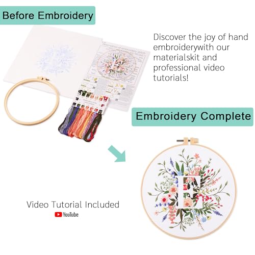 Harimau Letter E Pattern Embroidery Kit for Adult Beginners, Complete Starter Pack with 1 Hoop, Needles, Instruction Guide & Embroidery Stitch Video Tutorials - color: White E