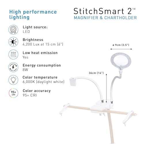 Daylight StitchSmart 2 Magnifier & Chartholder (Accessories Only)–Adjustable Embroidery Frame Support with LED Magnifier Lamp, 360° Rotation, 95+ CRI Lighting, Flexible Arms (Doesn't' Include Stand) - color: Stitchsmart Stand Accessory