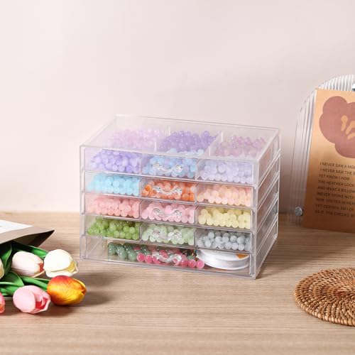 CLUQMEIK 5-Tier Large Bead Organizer Box, Acrylic Jewelry Storage Bead Containers with 5 Drawers, Suitable for Bracelet Making DIY Storing Beads Jewelry Rock Buttons.