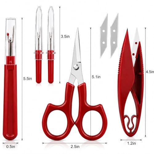 Sewing Seam Ripper Tool,Stitch Remover and Thread Cutter with 2Big+2Small Seam Rippers,1 Pack Thread Snips,1Pack 5”Scissor - color: Classic Red