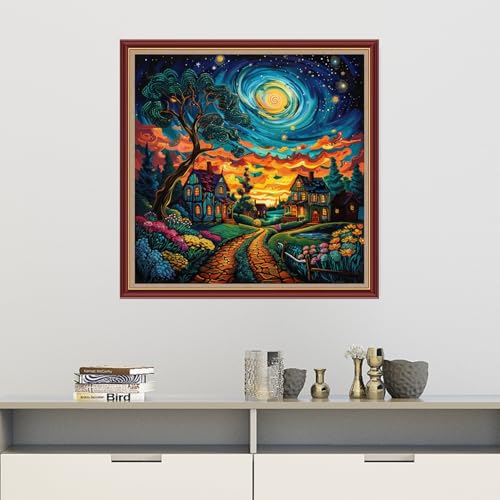 Dooxvey Cross Stitch Kits for Adults Beginners,Full Range of Cross-Stitch Stamped Kits Needlepoint Kits for Beginners Embroidery Kits 11CT Cross Stitch Patterns-Starry Night Moon Home 18x18 inch - color: Magicolor14