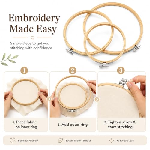 Embroidery Hoops 3 Pack Set: Premium Bamboo Wood Rings with Metal Tension Screw Brackets for DIY Cross Stitching, Sewing, Embroidered Craft Projects, Sizes 5, 7, 8, 9, & 10 Inch Diameter, (10") - style: 05 - 10 Inches