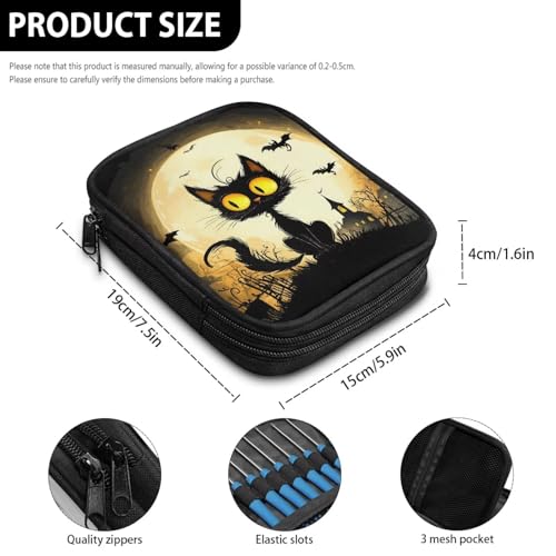 Kathyboom Crochet Hook Case Without Hooks,Halloween Black Cat Bat Castle Zipper Storage Organizer Bag with Web Pockets for Crochet Hook Kit Tools - color: Halloween Black Cat Bat Castle-