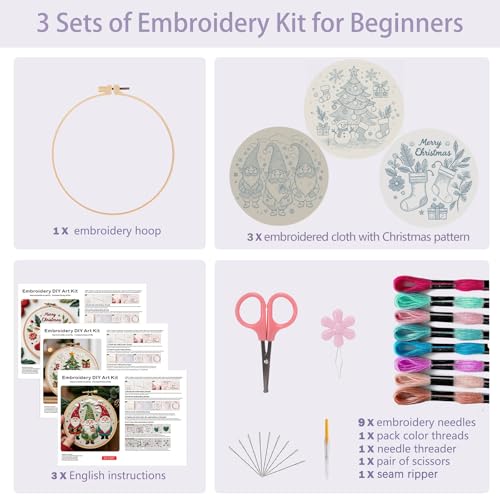 Offizon Christmas Embroidery Kit for Beginners, 3 PCS Starter Cross Stitches, Winter Santa Handicrafts, Merry Chistmas - color: Christmas Beige