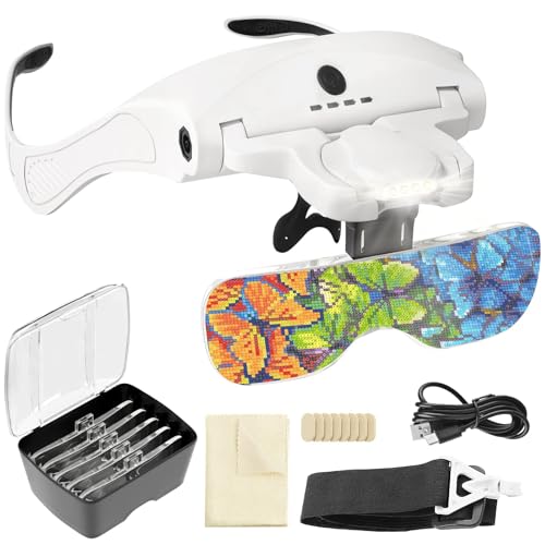 ARTDOT Magnifying Glasses with Light, 1.0X-3.5X 5 Replaceable Lenses Head Magnifier, 4 LED Rechargeable Magnifying Glasses for Close Work, Diamond Painting, Hands-Free & Reading - size: Small