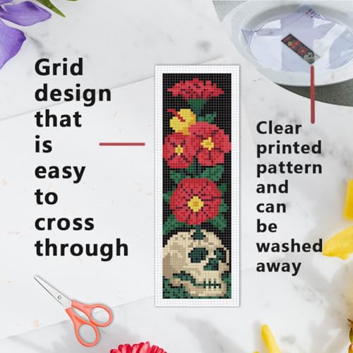 INFUNLY 6pcs Gothic Rose Cross Stitch Bookmark Kits for Adults Bat Skull DIY Cross Stitch Kit with Instructions Pre-Printed Moon Flowers Stamped Embroidery Bookmark Kit for Book Lovers Readers Gift - style: Gothic Rose