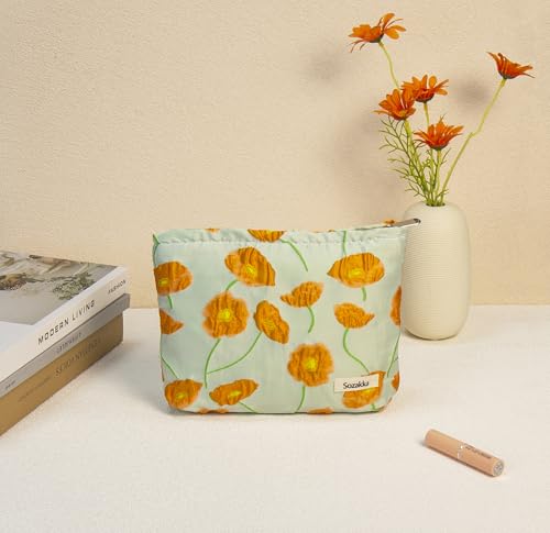 getgto 2 Pcs Makeup Bags, Large Cosmetic Bag Travel Toiletry Bag - color: Orange Flower